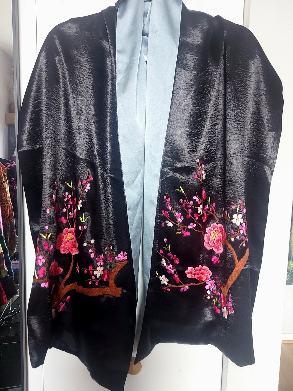 Silk-Feel Black Embroidered Floral Scarf - Pink Blossom Design